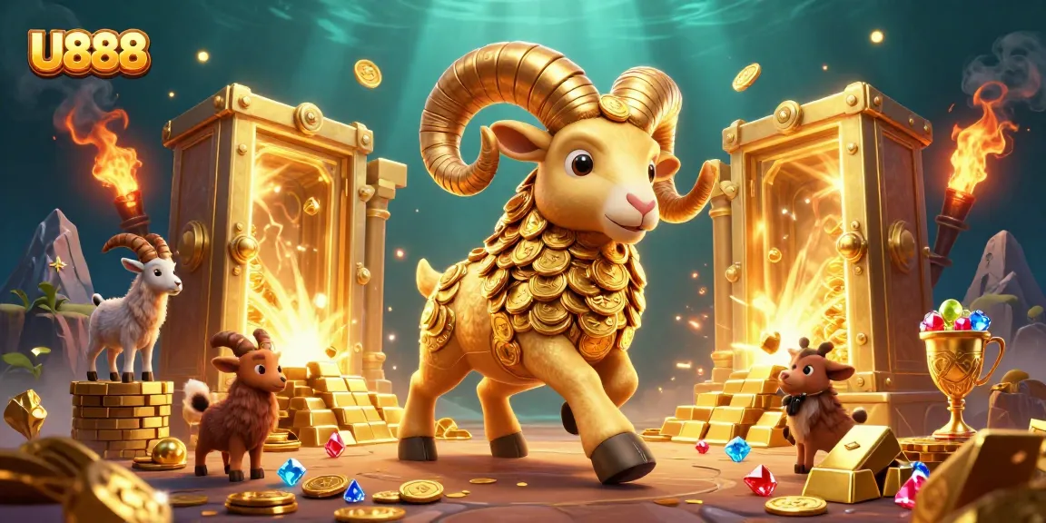 U888 excitement as a golden ram charges through riches and treasures in a dynamic casino scene.