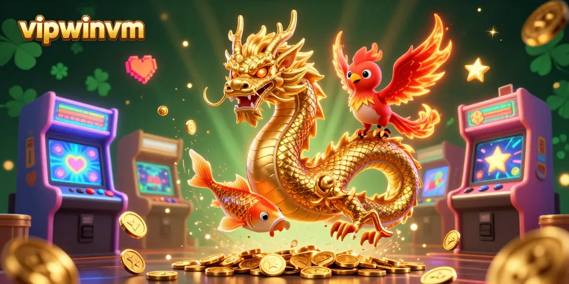 Experience thrilling gaming with vipwinvm featuring a dragon and koi fish amidst a vibrant casino scene.