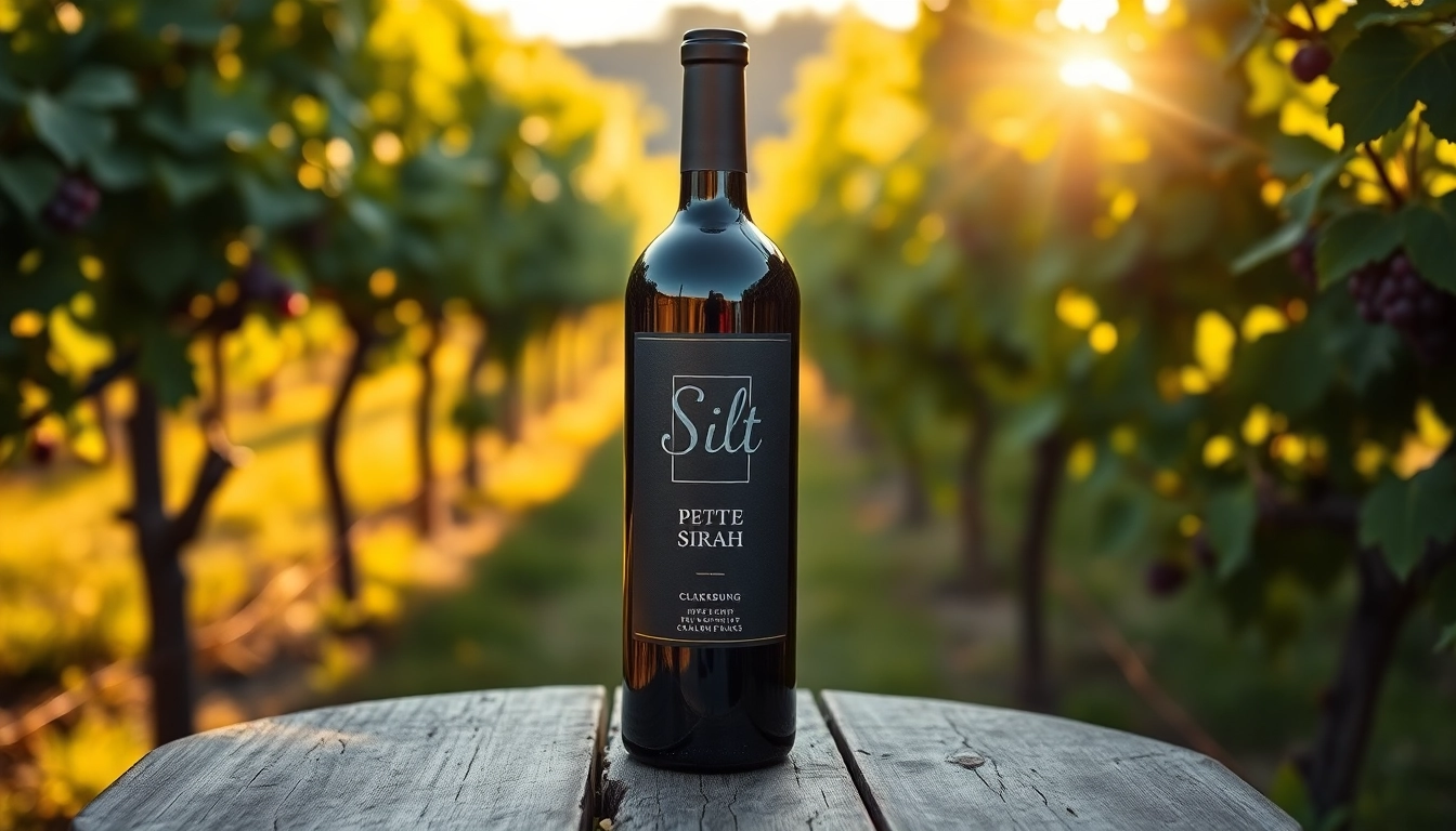 Indulge in Silt Petite Sirah Clarksburg featuring a beautifully presented bottle amidst a vineyard.