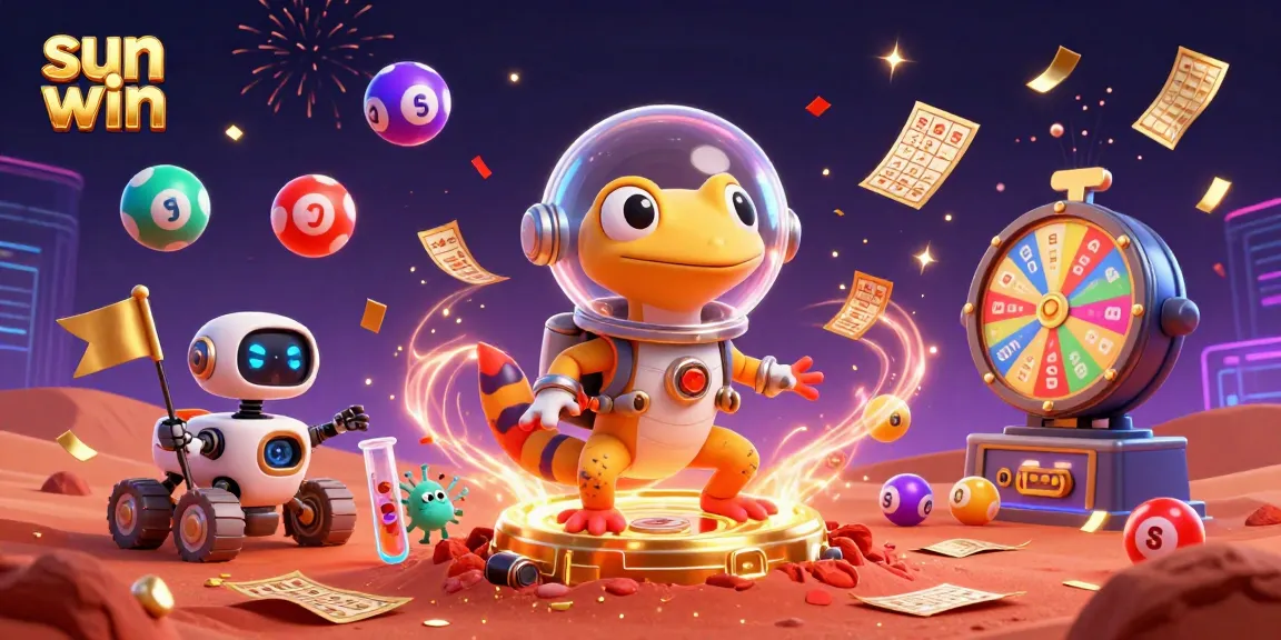 Win big at sun win with a Martian gecko uncovering a golden casino in this vibrant illustration.