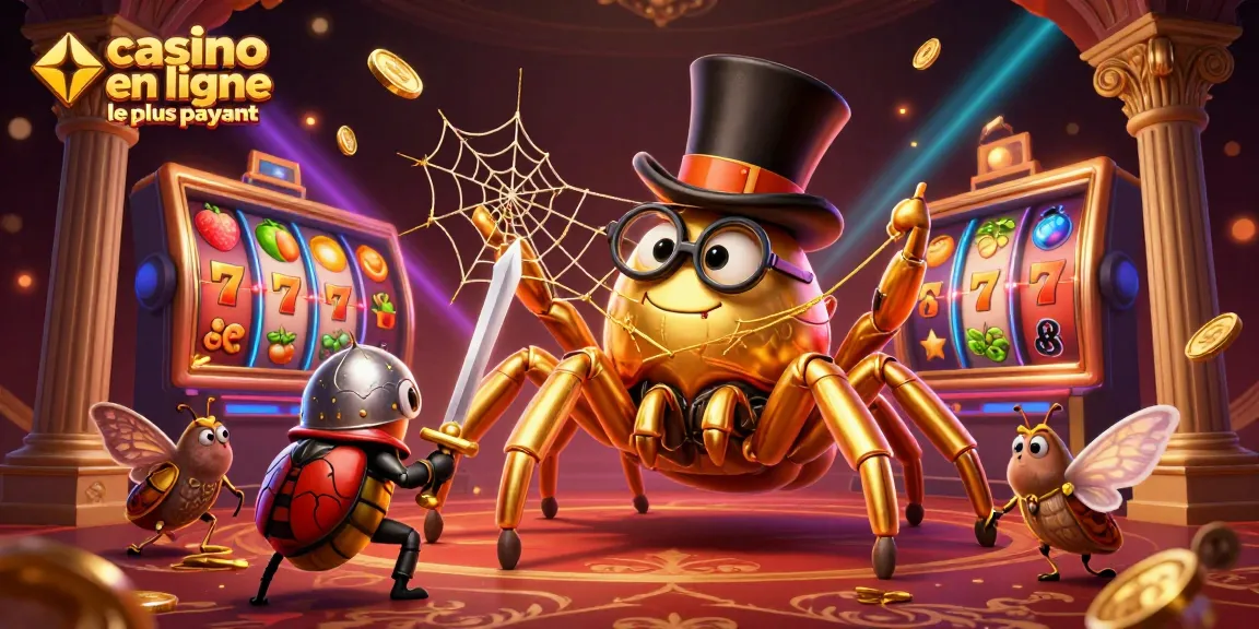 Découvrez le casino en ligne le plus payant avec une illustration dynamique d'une araignée tarantule dorée entourée d'éléments de jeux.