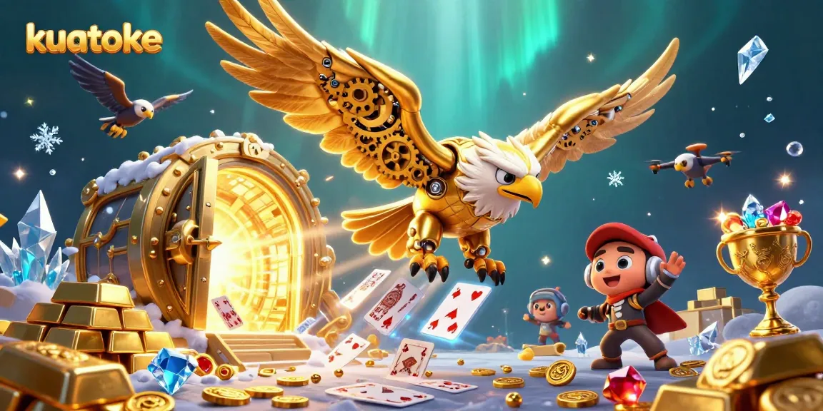 Kuatoke brings excitement as a cybernetic golden eagle dives amidst holographic playing cards and treasure.
