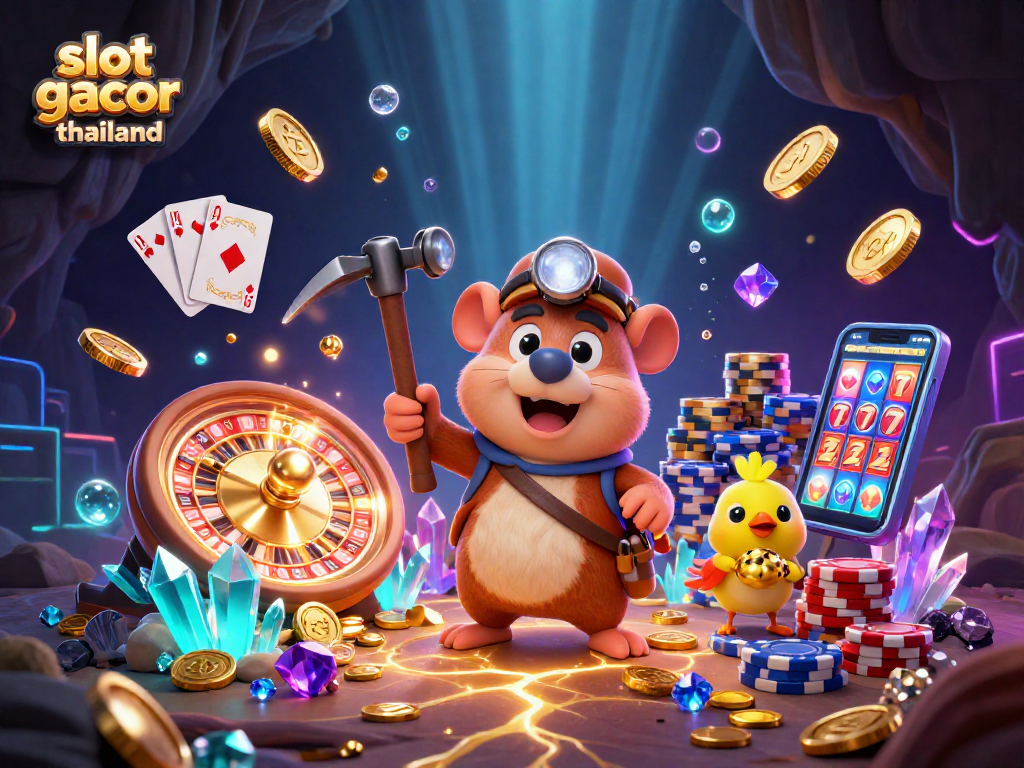 Engage with slot gacor thailand treasures through a vibrant 3D scene of mining, riches, and casino excitement.