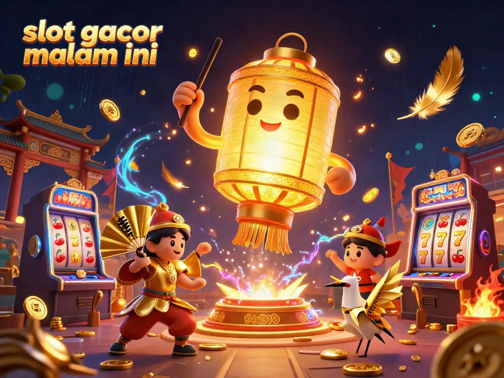 Slot gacor malam ini dengan lampion emas dan simbol keberuntungan berputar di kasino malam.