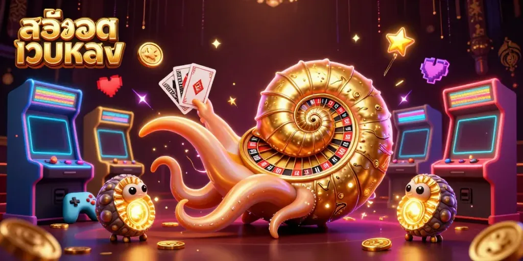 Engaging สล็อตเว็บตรง gaming experience with a 3D nautilus engaged in card games and arcade elements.