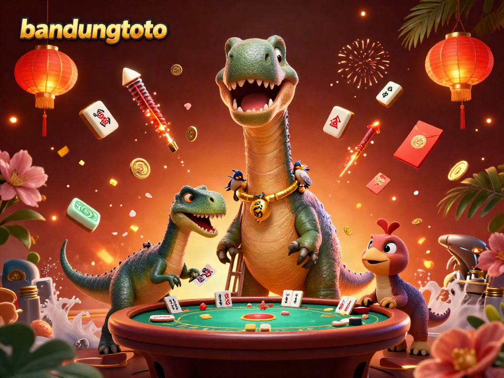Join the excitement at bandungtoto with a whimsical casino scene featuring cartoon dinosaurs and vibrant game elements.