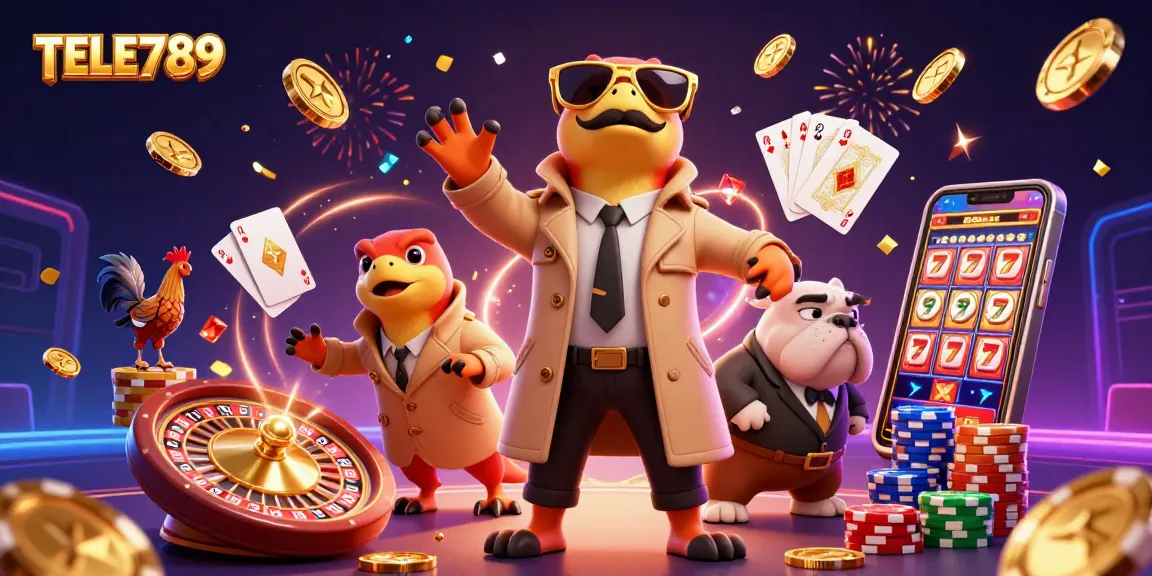 TELE789 raptors enter a VIP lounge amid golden coins and roulette wheels in a vibrant casino scene