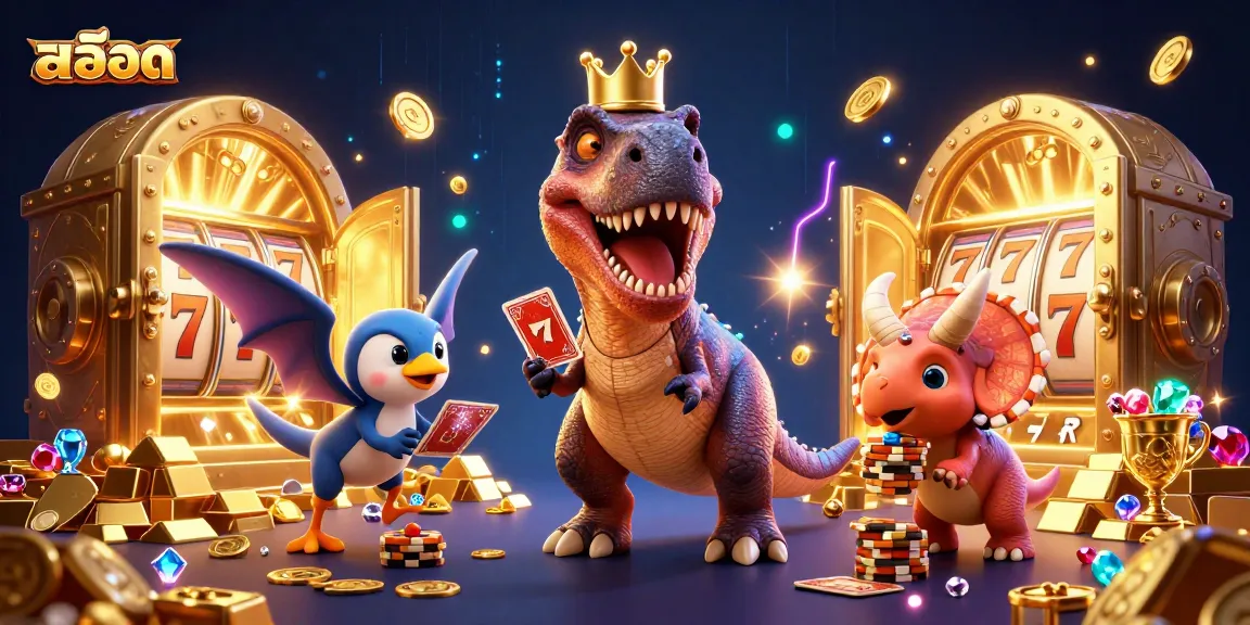 Play exciting สล็อต games with T-Rex shuffling cards and charming characters in a vibrant casino scene.