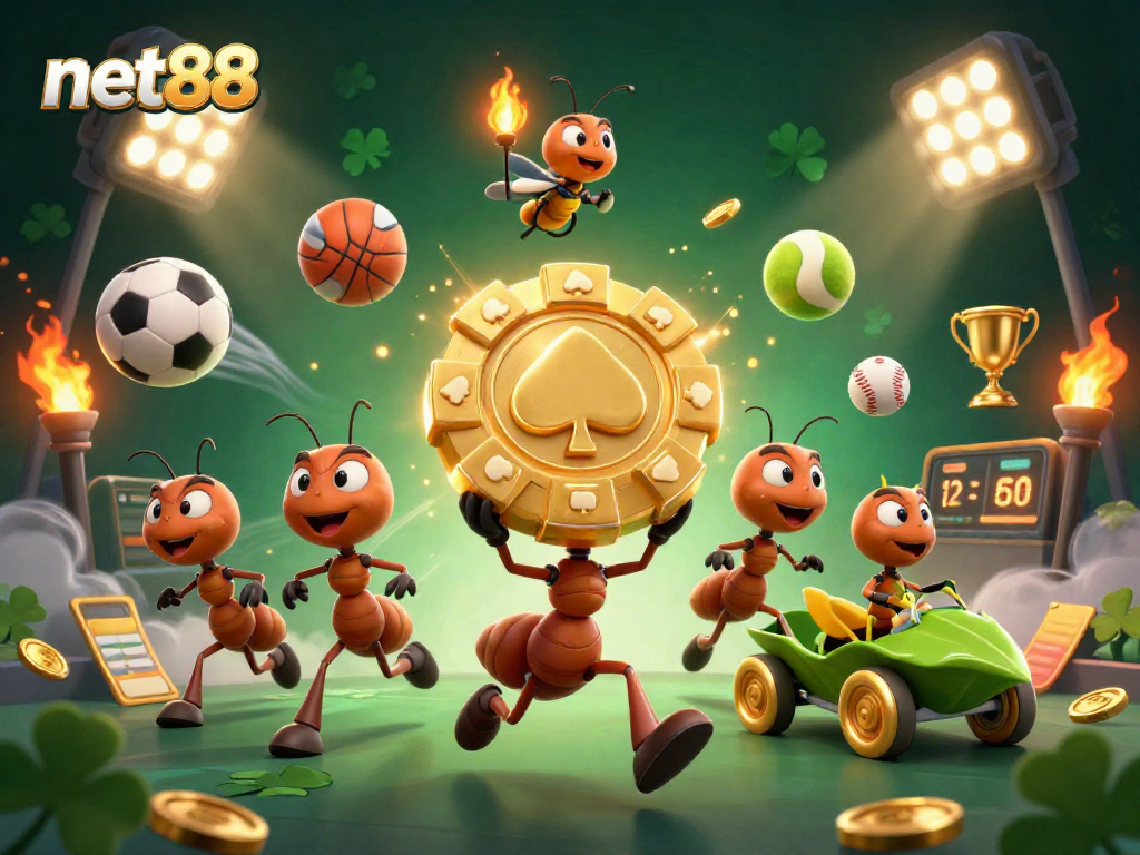 Engage in the thrill of net88 as ants execute a heist with a massive poker chip amidst vibrant chaos.