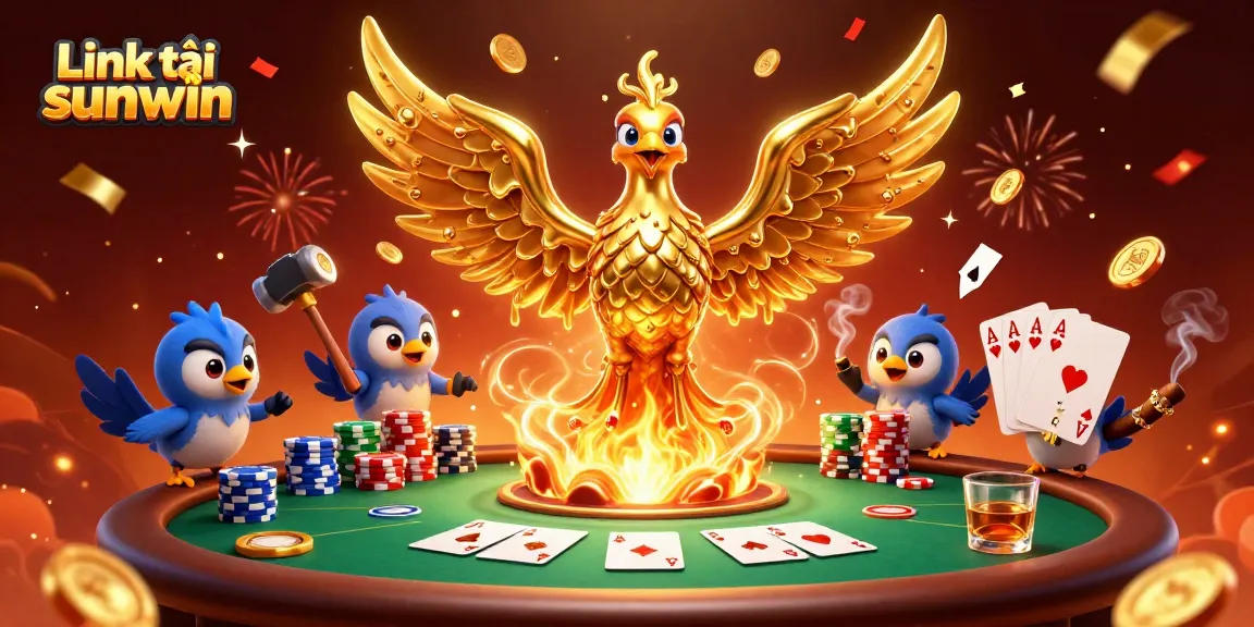 Experience the excitement of winning with the Link tải sunwin, featuring an enchanting golden phoenix amidst a vibrant casino scene.