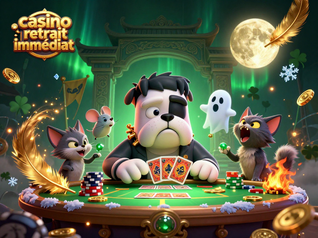 Jeu palpitant au casino retrait immédiat avec un bulldog Frankenstein distribuant des cartes.