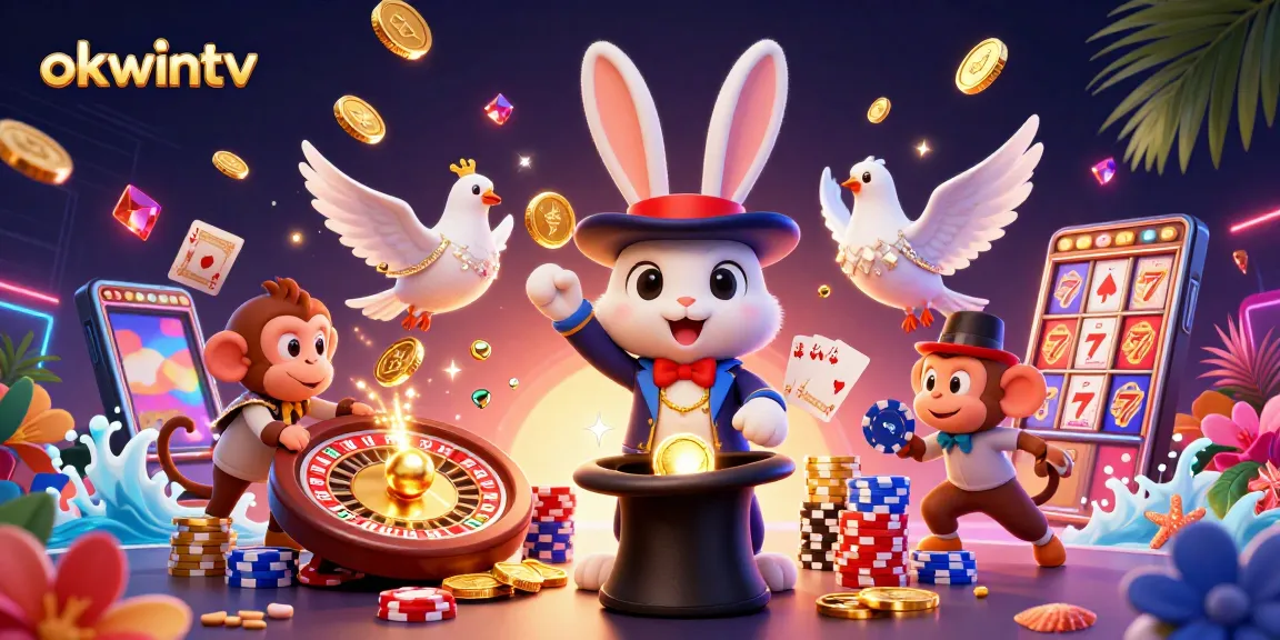 Experience the magic of okwintv with a lively casino scene showcasing a magician, coin magic, and poker action.