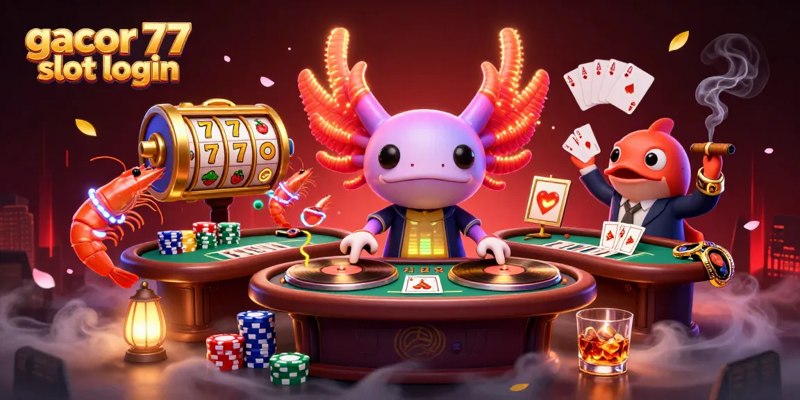 Temukan keseruan gacor 77 slot login dengan ilustrasi kasino 3D yang penuh warna dan dinamis.