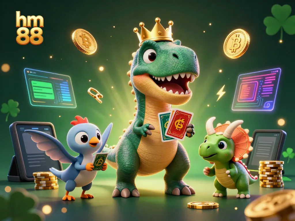 Engaging 3D casino scene featuring hm 88 where a T-Rex shuffles cards with help from a pterodactyl, amidst Bitcoin and Ethereum coins.