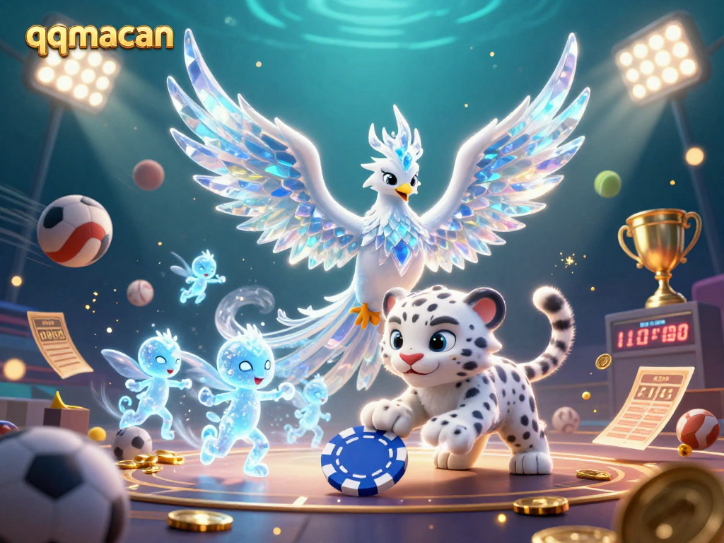 Experience qqmacan with an ice phoenix battling in a vibrant, action-packed casino scene.
