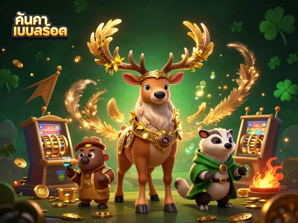 Engage in ค้นหาเกมสล็อต with vivid illustrations of a druid stag and companions amidst golden coins and slot reels.