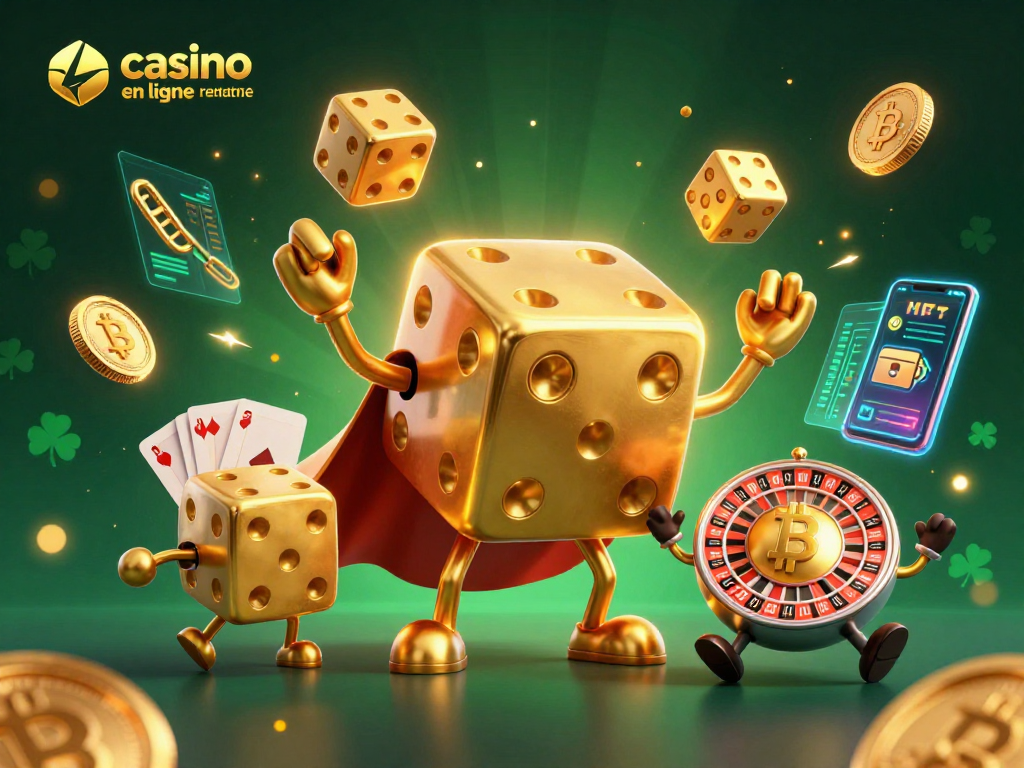 Découvrez le casino en ligne retrait instantané avec une illustration 3D dynamique de dés dorés et de crypto-monnaies scintillantes.