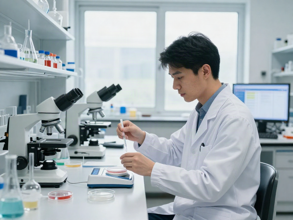 KLOW peptide research process in a bright laboratory, scientist measuring peptide powder.