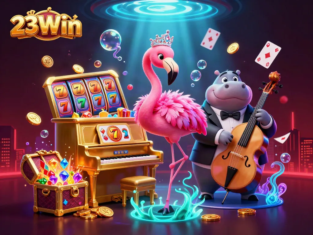 Experience the excitement of 23Win with a vibrant casino scene featuring colorful game elements