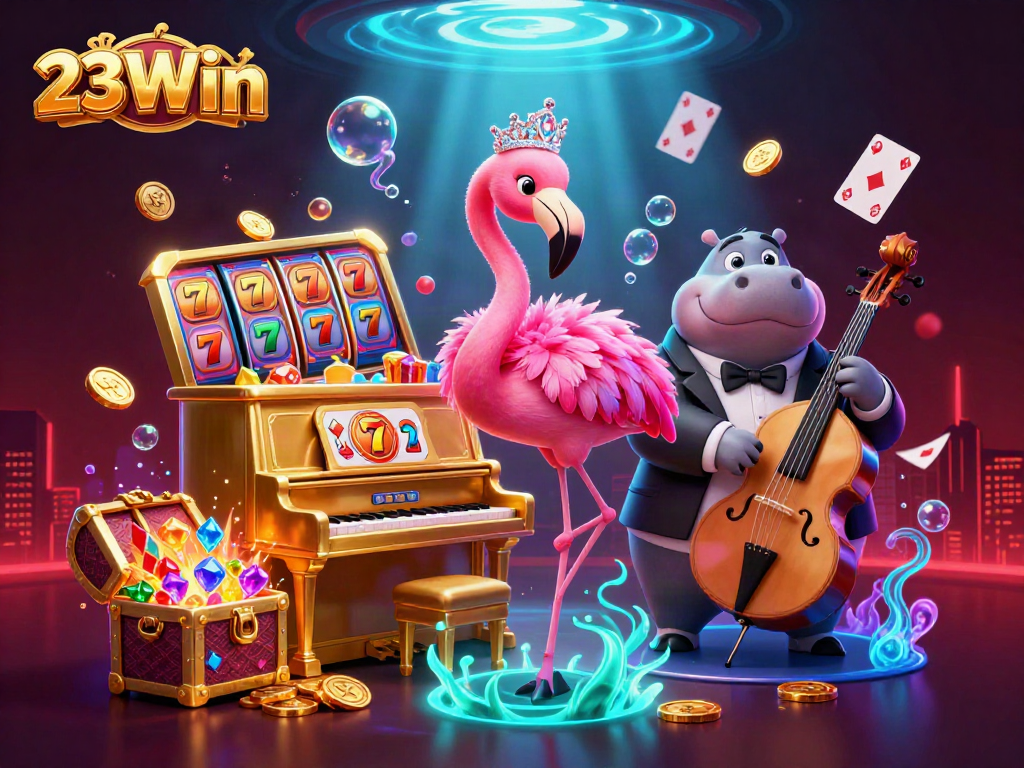 Experience the excitement of 23Win with a vibrant casino scene featuring colorful game elements