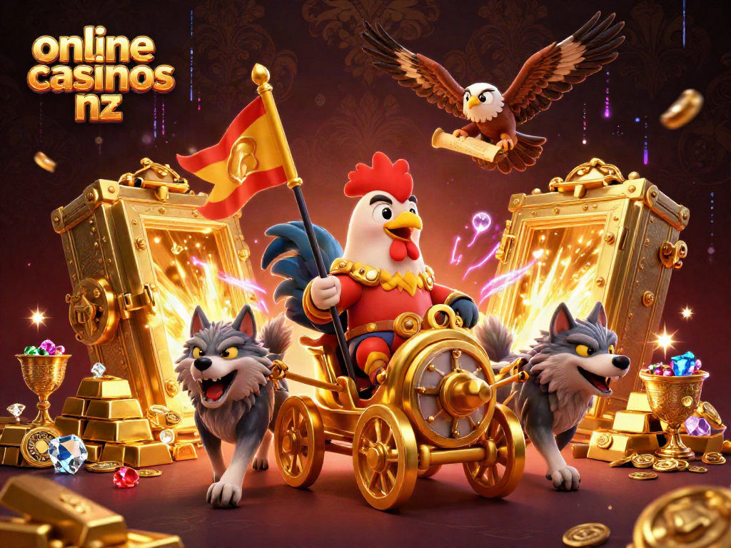 Engage in thrilling adventures at online casinos nz with a vibrant 3D illustration featuring a rooster warlord.