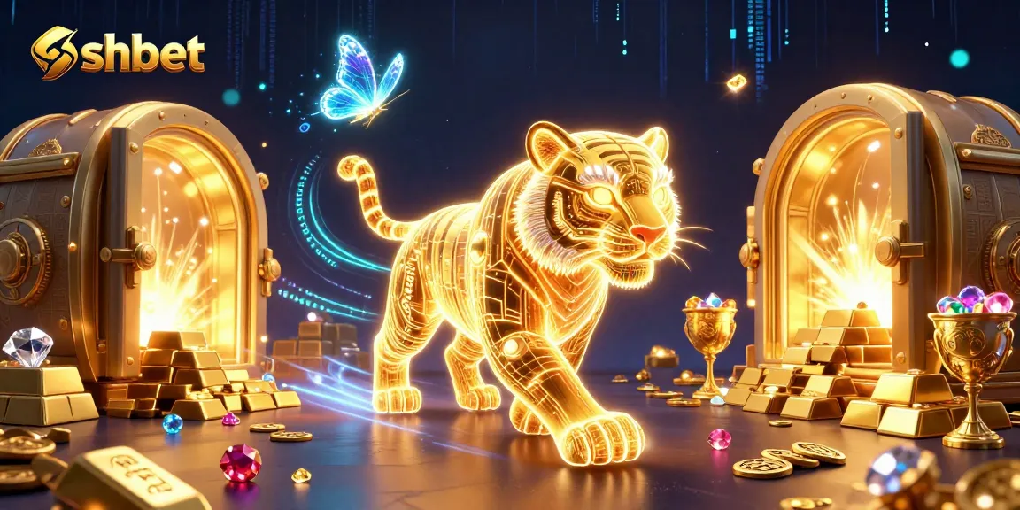 Engage in thrilling shbet adventures in a vibrant digital casino with glowing golden treasures and energetic characters.