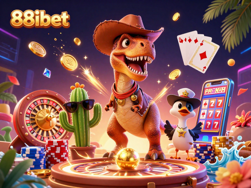 Experience excitement with 88ibet's vibrant casino scene featuring a T-Rex, coins, and a roulette wheel.