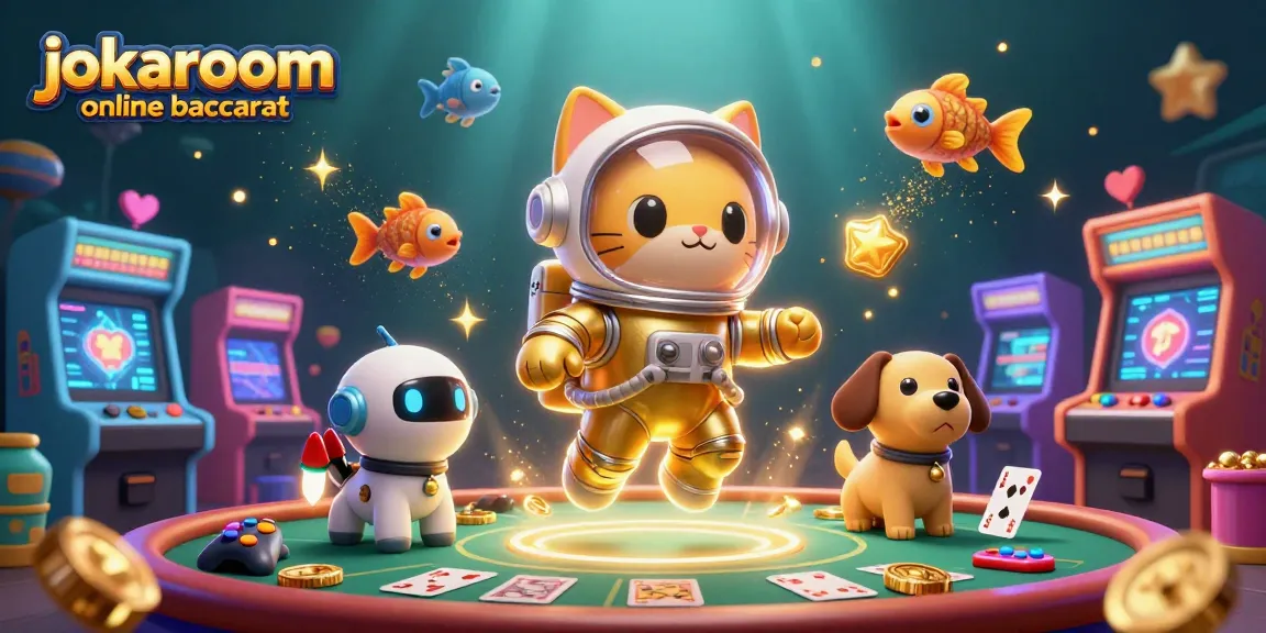 Engage with jokaroom online baccarat in a vibrant 3D digital scene filled with casino elements.