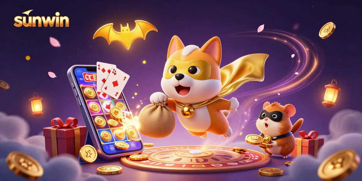 Experience excitement with sunwin as a superhero dog flies, delivering golden casino winnings.