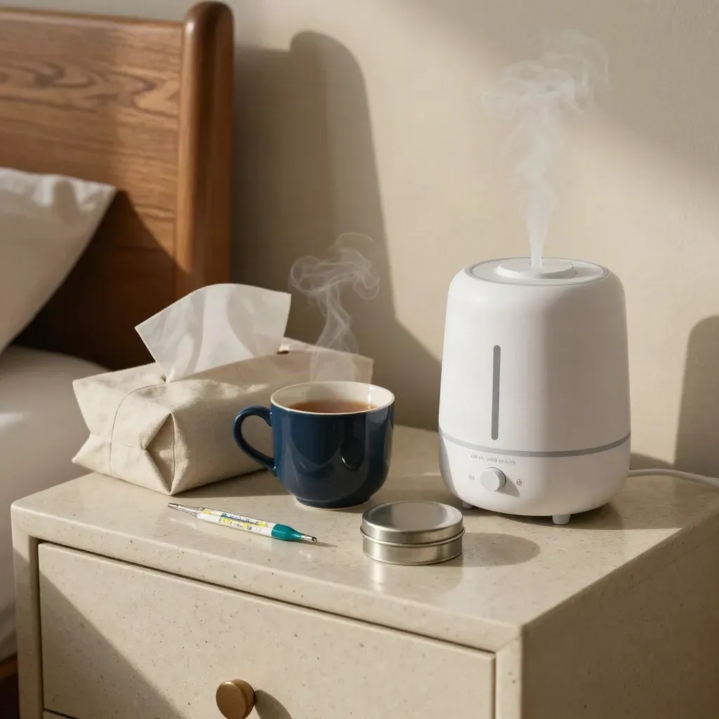 Bedside recovery setup with thermometer, tissues, tea, lozenges and a humidifier in warm late-afternoon light.