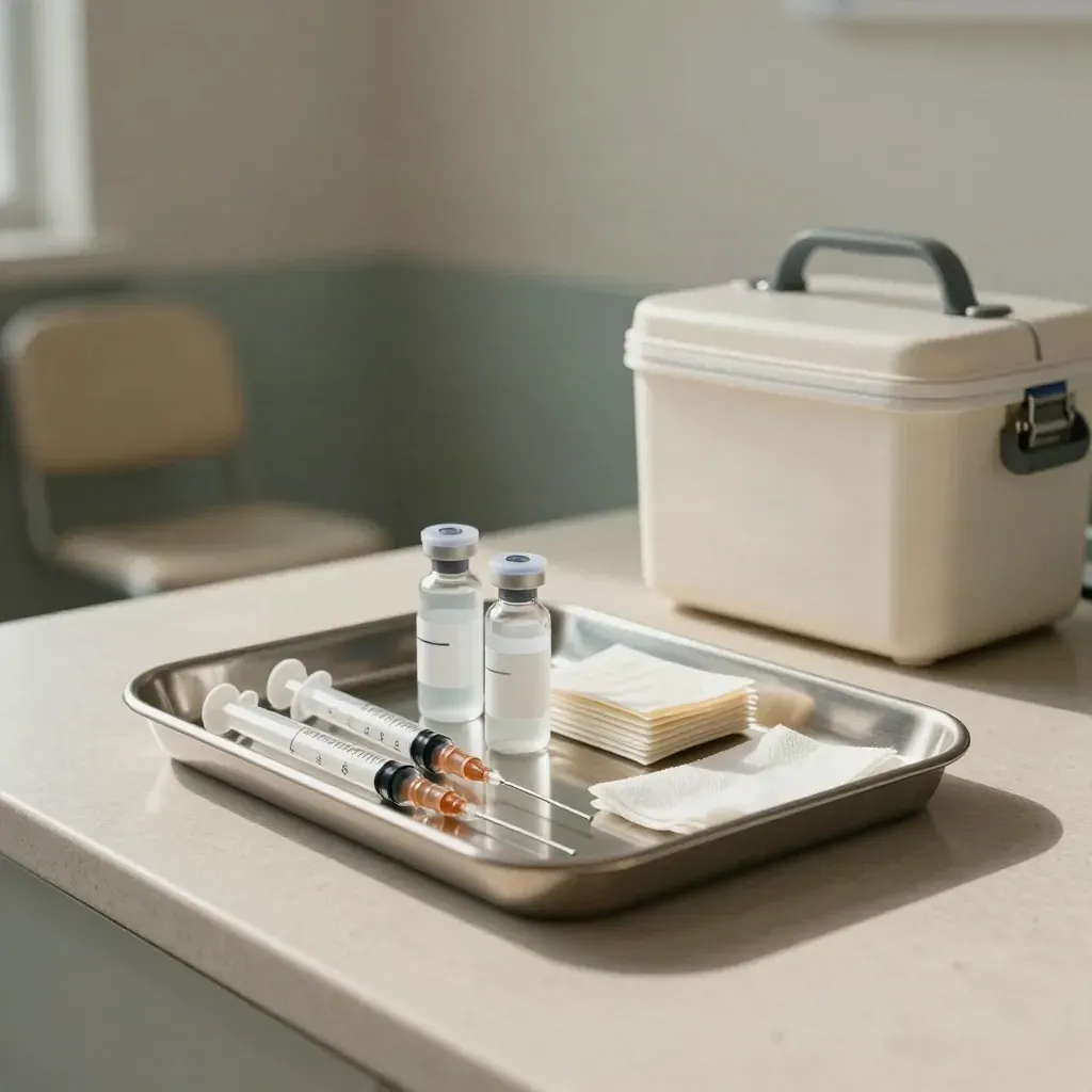 Vaccination tray with syringes, vials, swabs, cooler and chair in a clinic prep room.