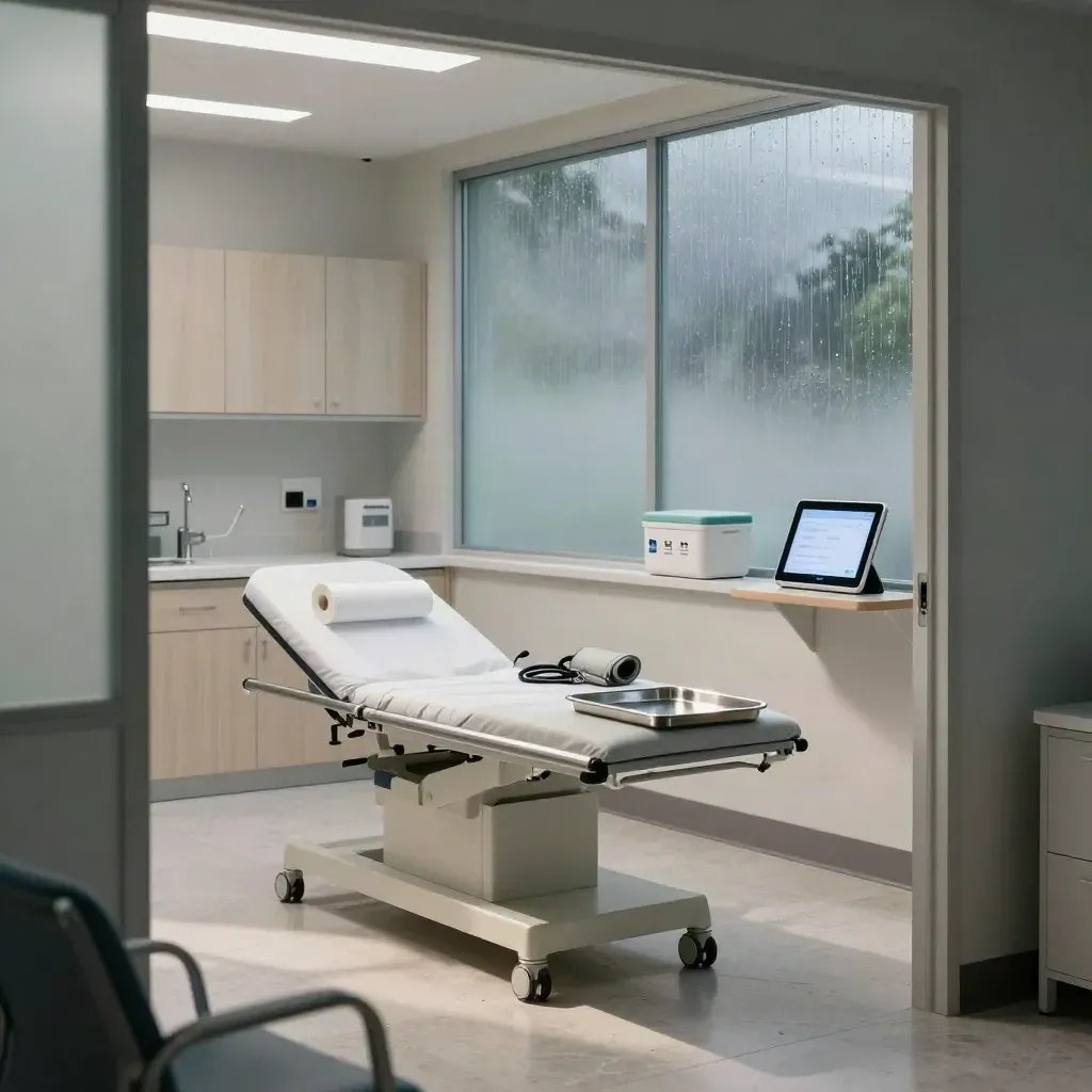 Moody modern exam room with bed, tray, cuff, vaccine cooler and glowing telehealth tablet.