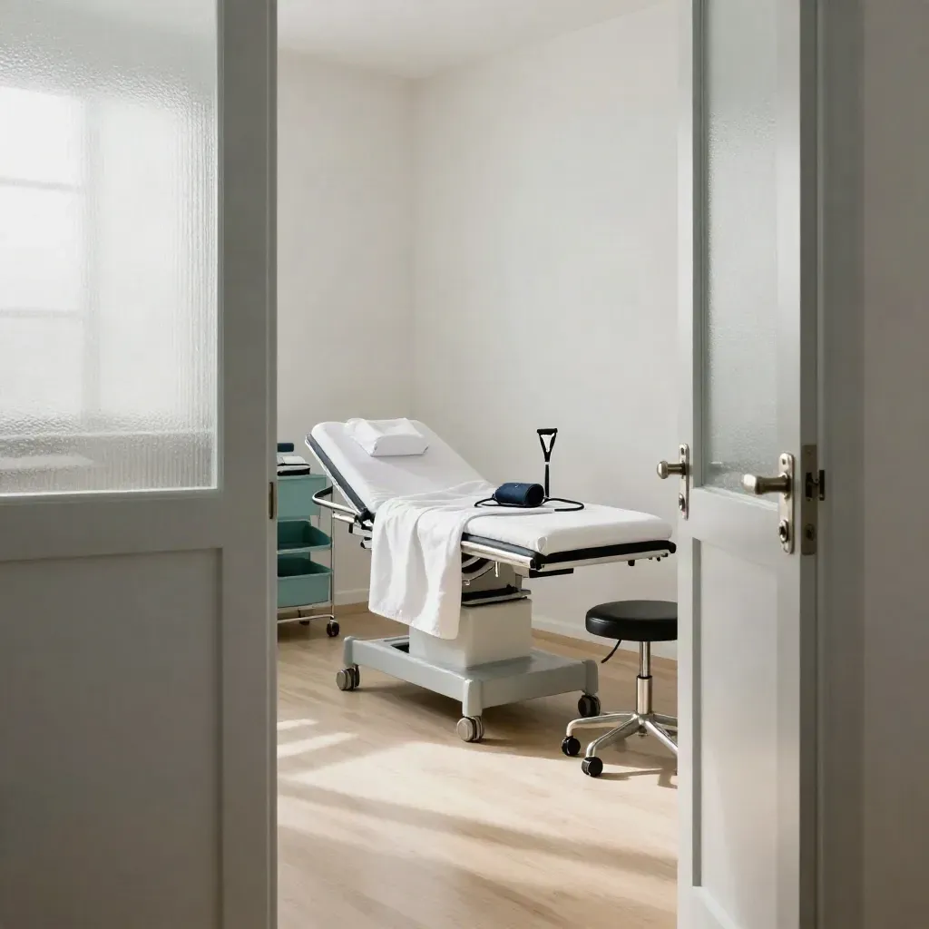 Spotless annual checkup room with exam bed, otoscope, gown, cuff, and soft daylight.