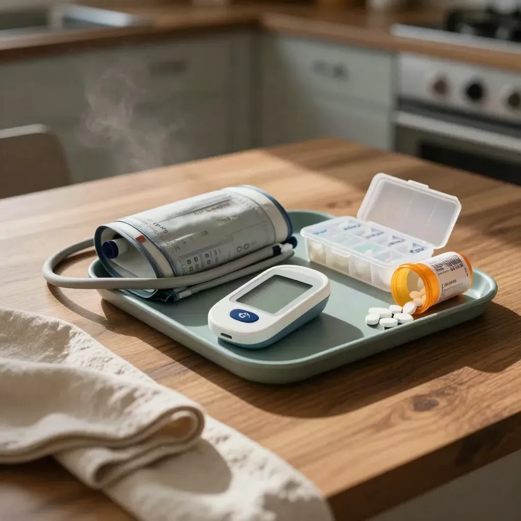 Blood pressure cuff, glucose meter, pill organizer and bottle on a walnut kitchen island