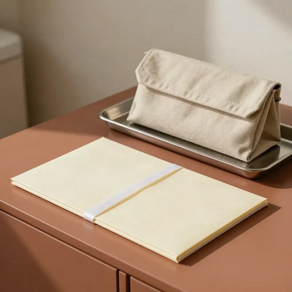 Sealed referral folio, metal tray, and courier pouch on a warm clinic sideboard.