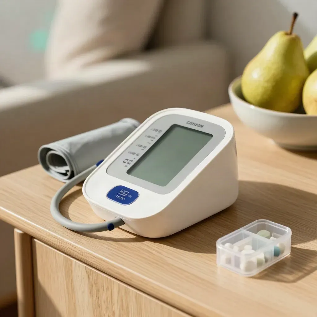 Blood-pressure monitor, cuff, pill sorter, and fruit bowl on a warm oak side table.