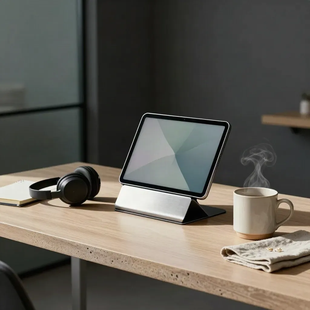 Telehealth tablet setup with headset, notebook, mug and soft clinic glow.