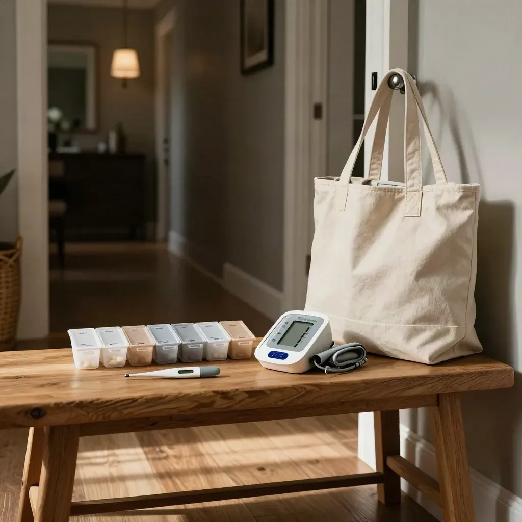 Entryway care station with pill organizers, thermometer, blood-pressure monitor, and tote by the door.