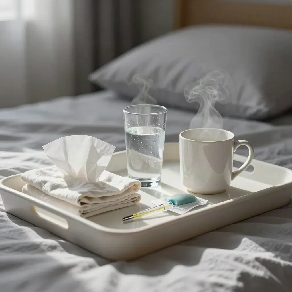 Bedside flu recovery tray with tea, tissues, water, thermometer, and cold pack in moody light.