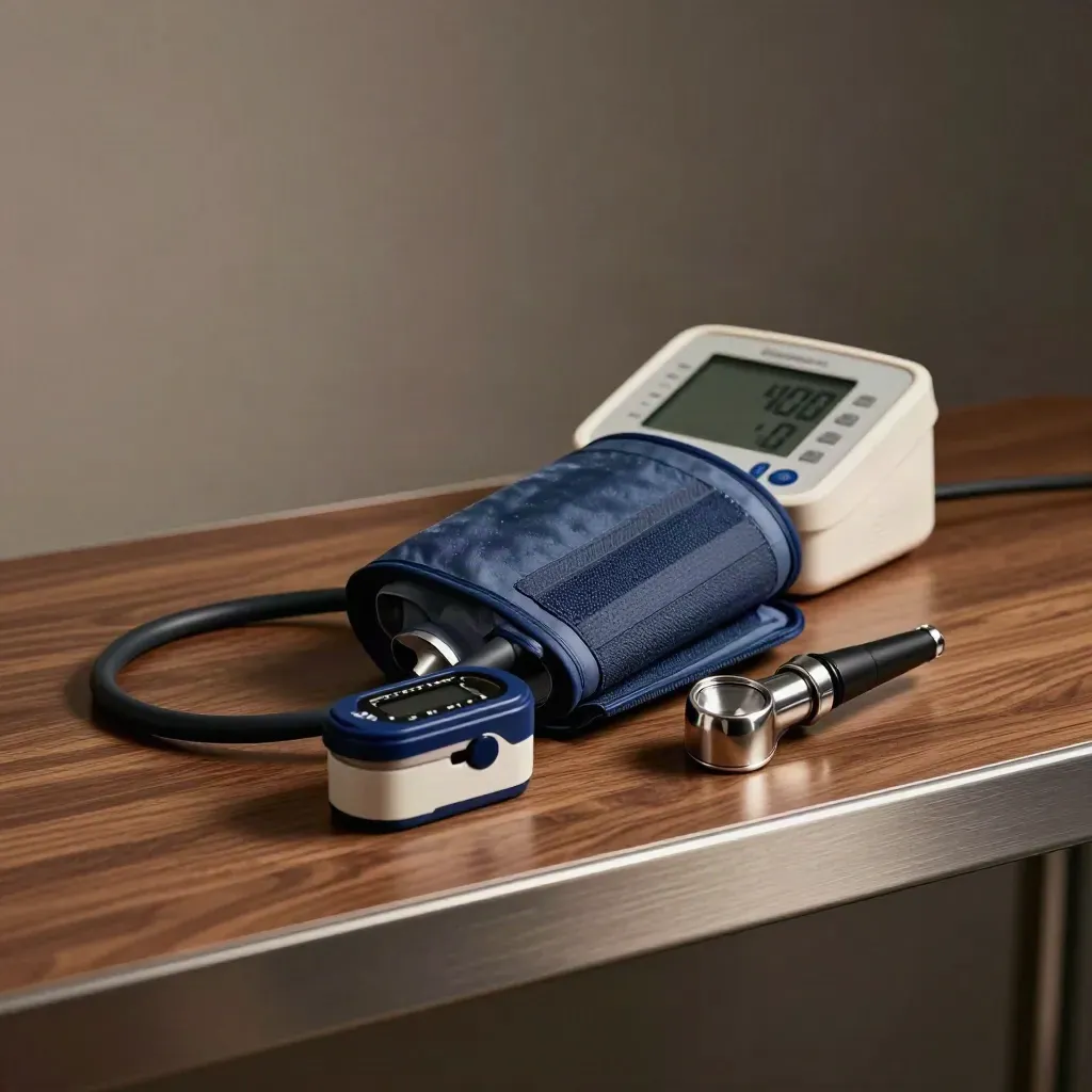 Blood-pressure cuff, monitor, pulse oximeter and otoscope on a warm walnut clinic shelf.