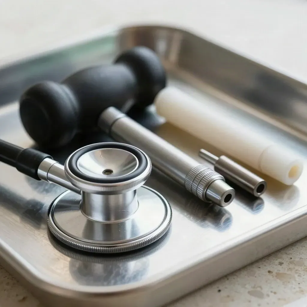 Macro still life of clinic tools on a steel tray: stethoscope, reflex hammer, penlight, otoscope tips.