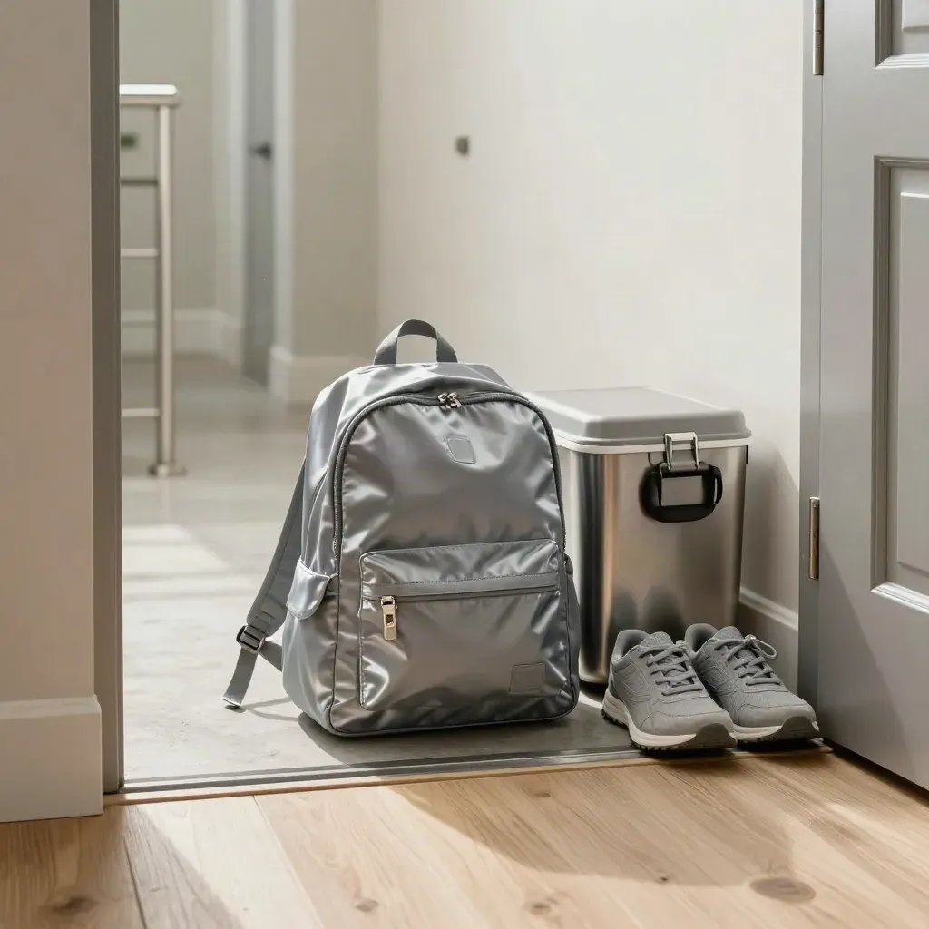 Vaccination-ready tote, backpack, cooler and sneakers by a bright entryway door