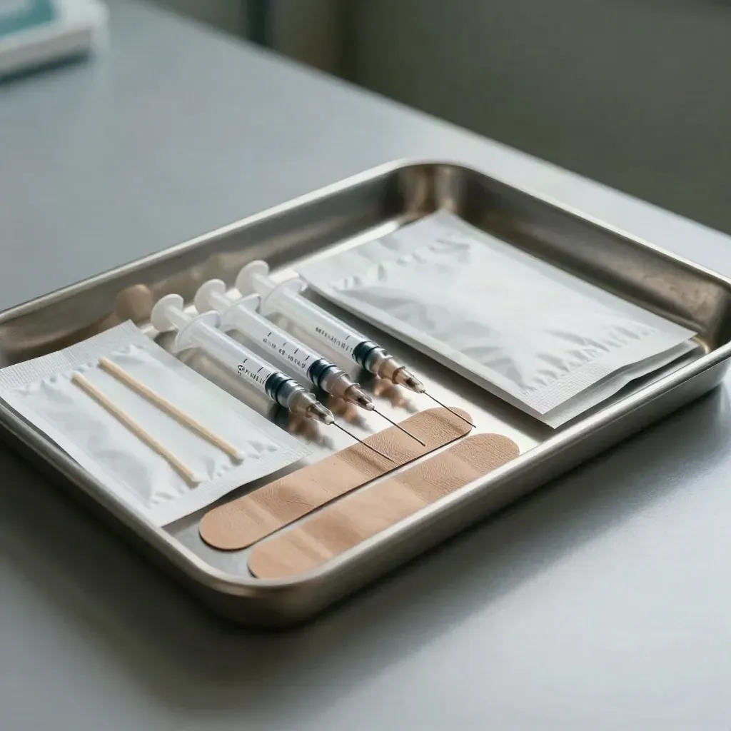 Capped vaccine syringes, prep swabs, bandages, and a stainless tray edge in a meticulous clinic close-up.