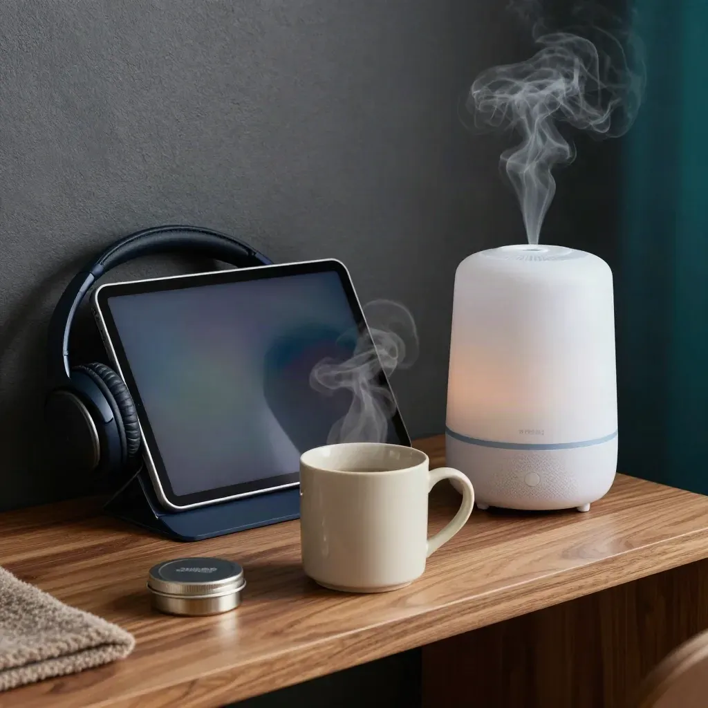Telehealth nook with tablet, headphones, steaming mug, lozenge tin and humidifier
