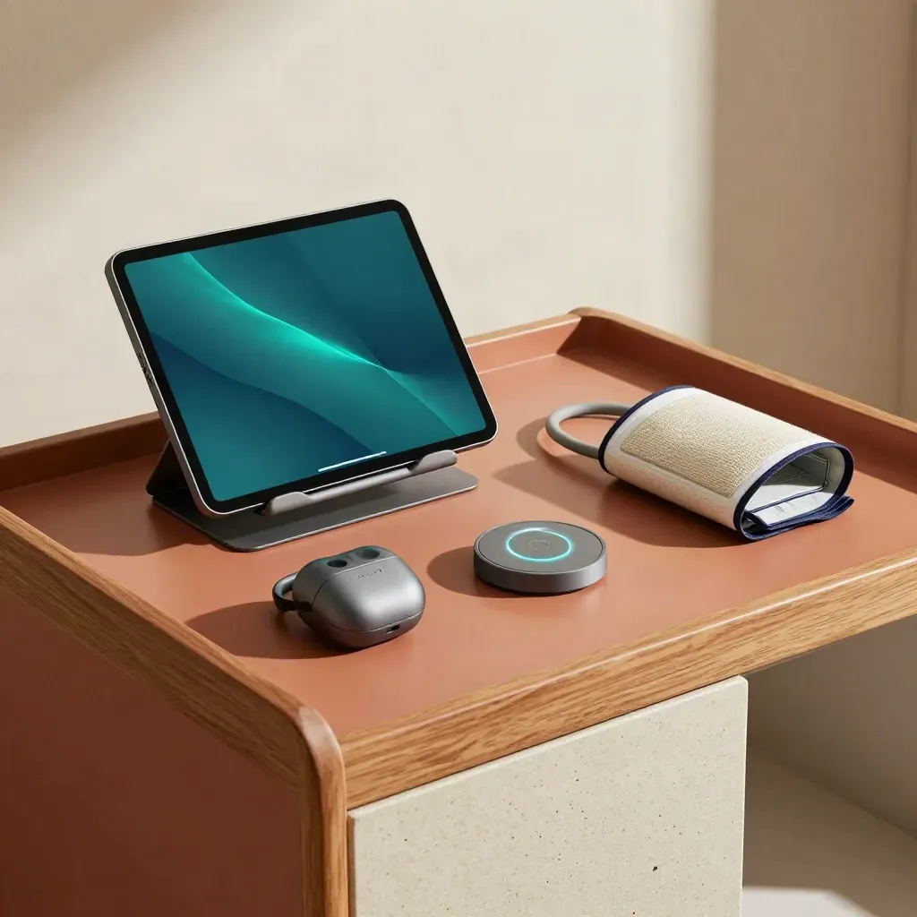 Telehealth workstation with tablet stand, headset, cuff and charging puck on a clinic cart.