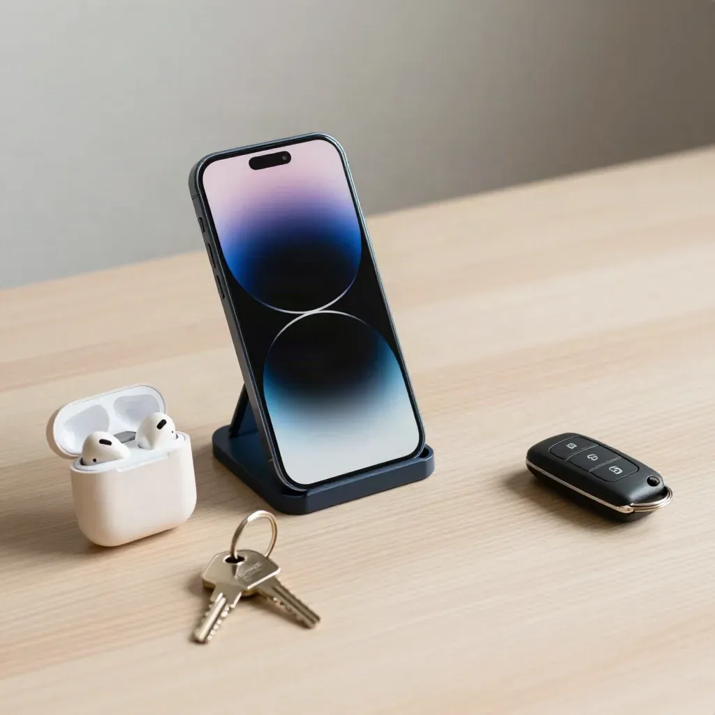 Phone, earbuds, house key and car fob on pale wood, locked-in booking glow.