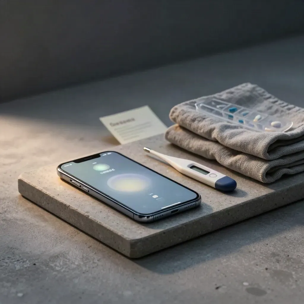 Smartphone, pill organizer and thermometer on a stone tray with a gray cloth