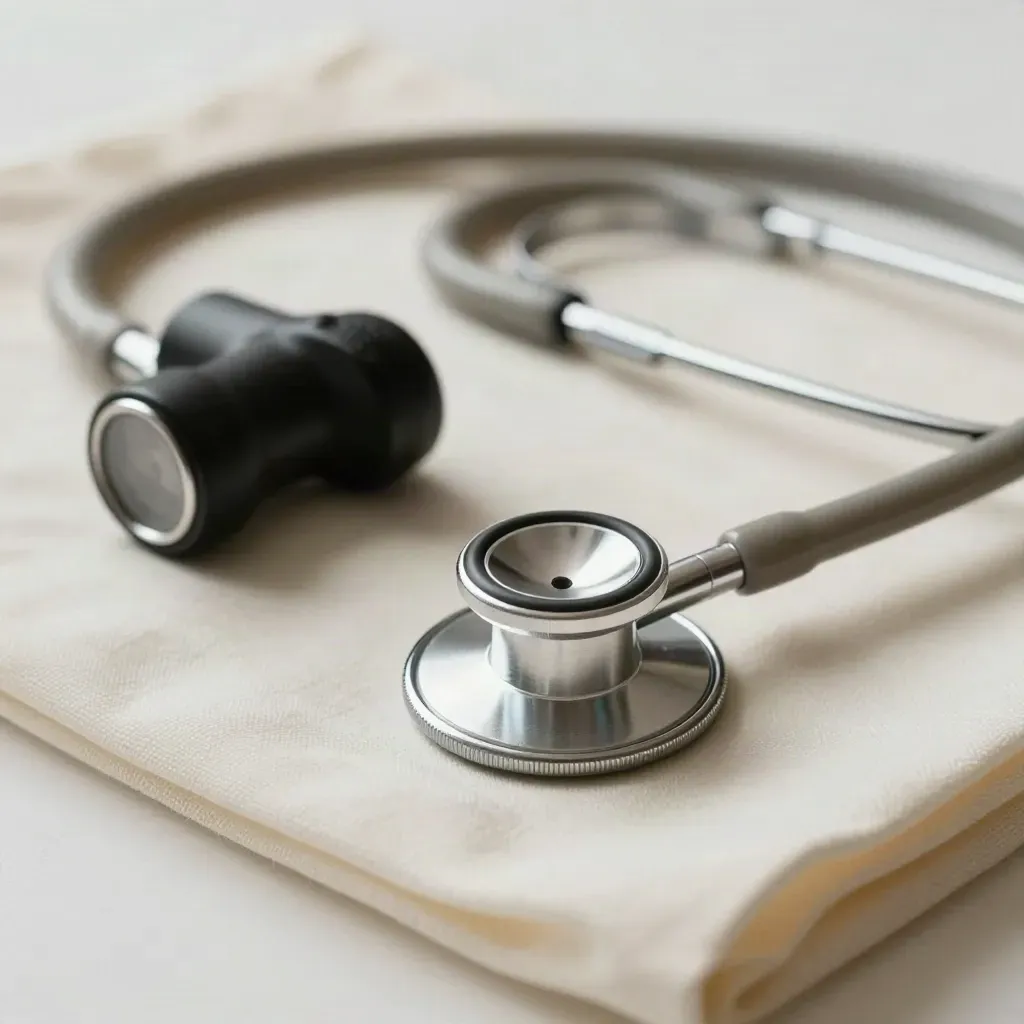 Stethoscope, penlight, reflex hammer, and folded cloth on a soft plaster surface.