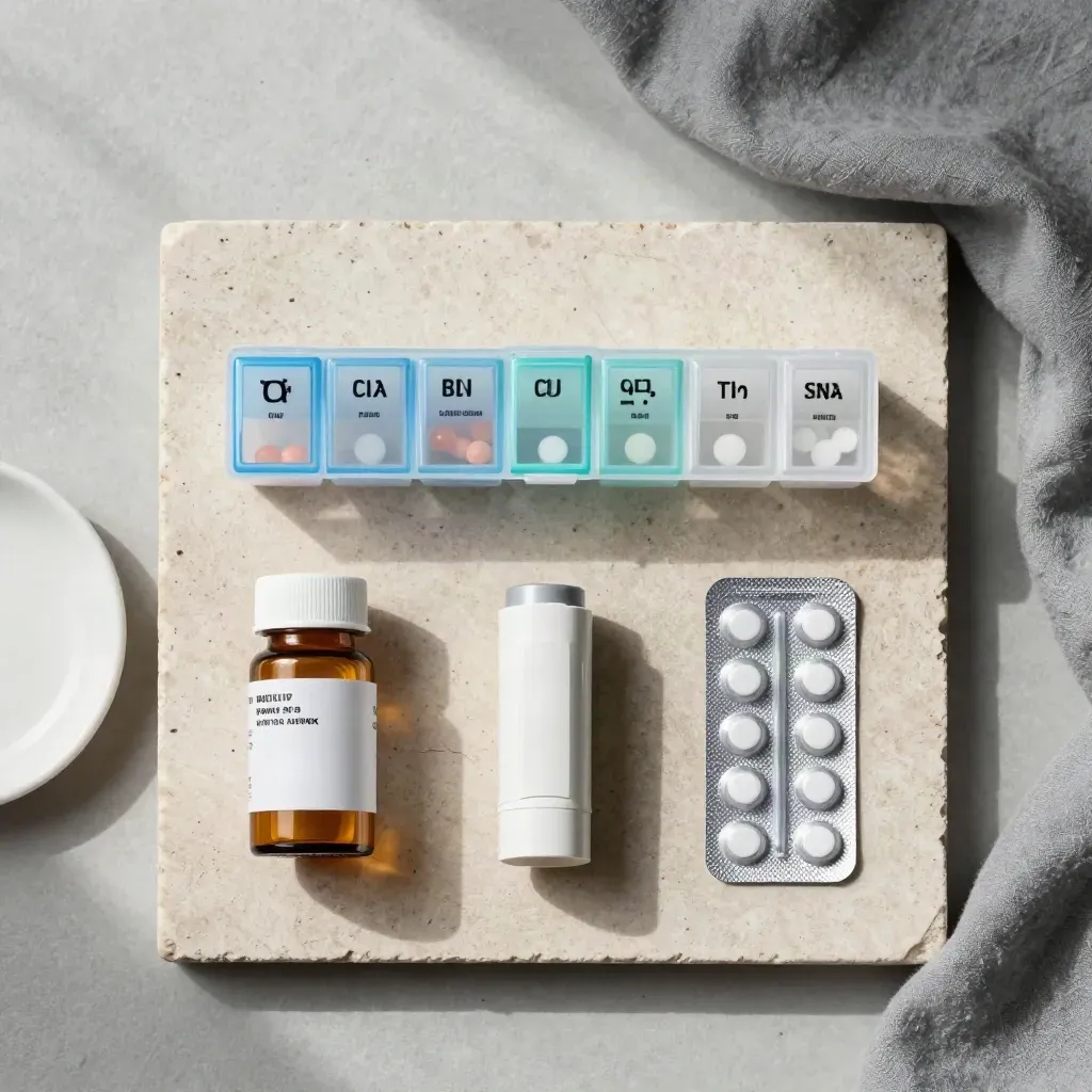 Overhead flatlay of pill organizer, amber bottle, inhaler, and blister pack on stone