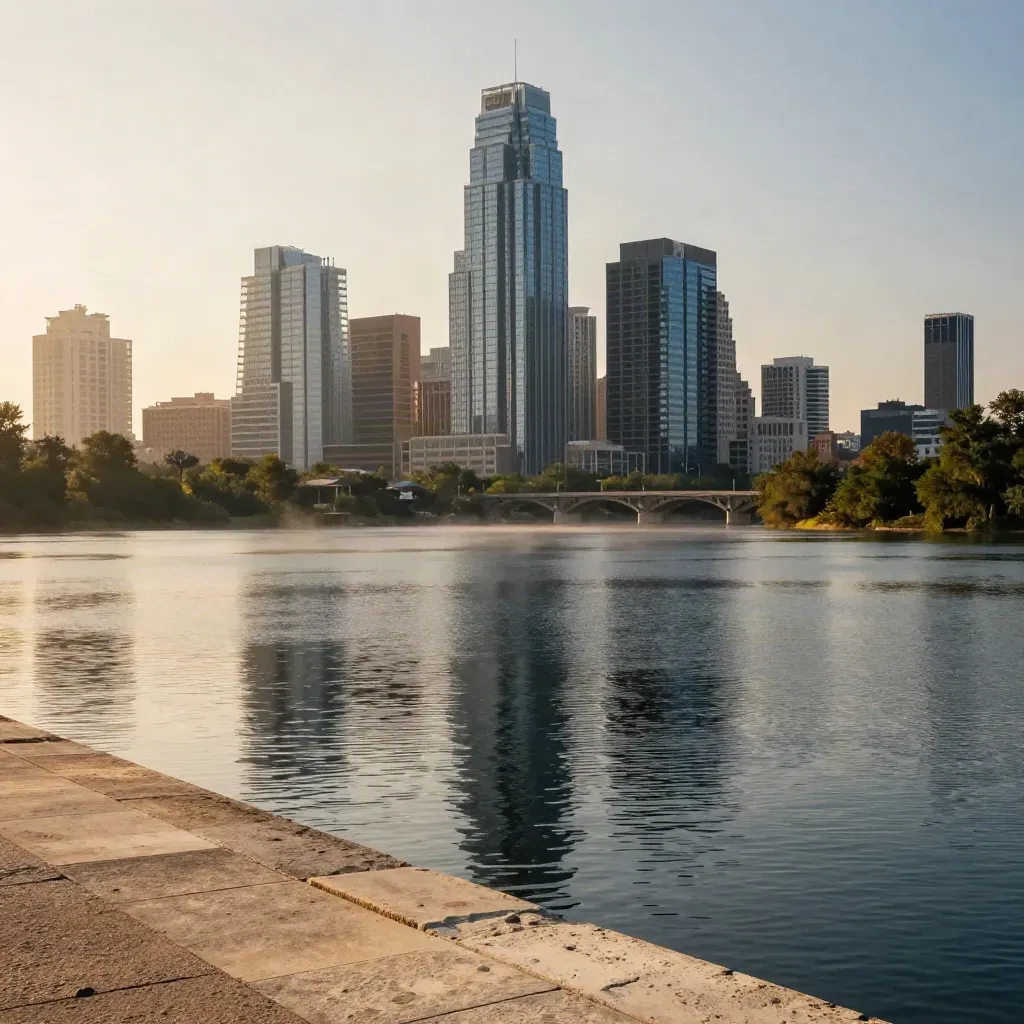 Austin skyline over Lady Bird Lake after storm, warm haze, open water, golden hour